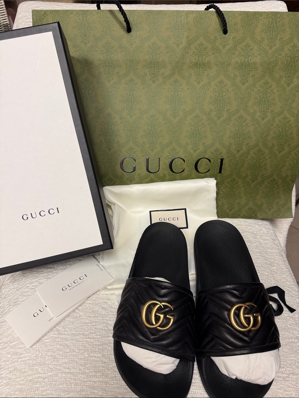 Authentic Gucci Marmont Black Leather Slide Sandals with Gold GG Hardware